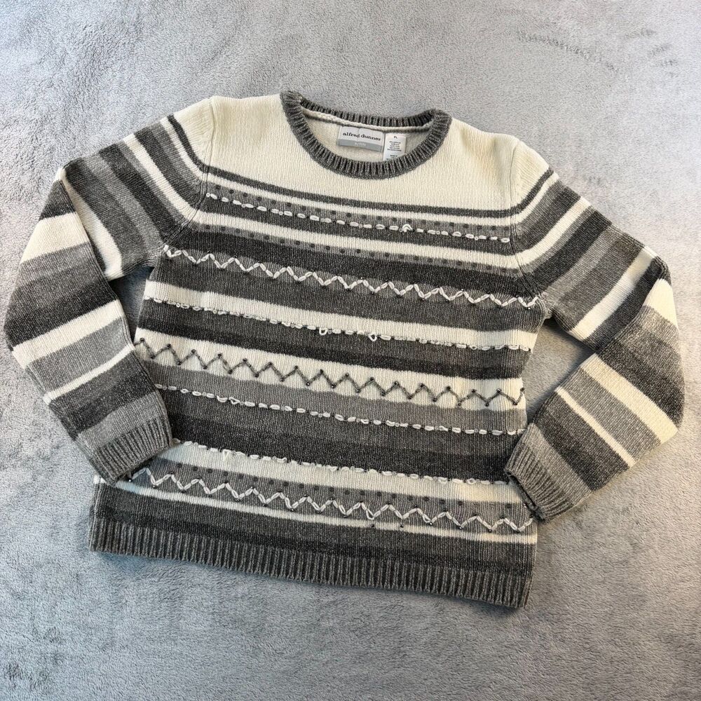 Alfred Dunner Women Petite Large Gray Ivory Embellished Striped Sweater